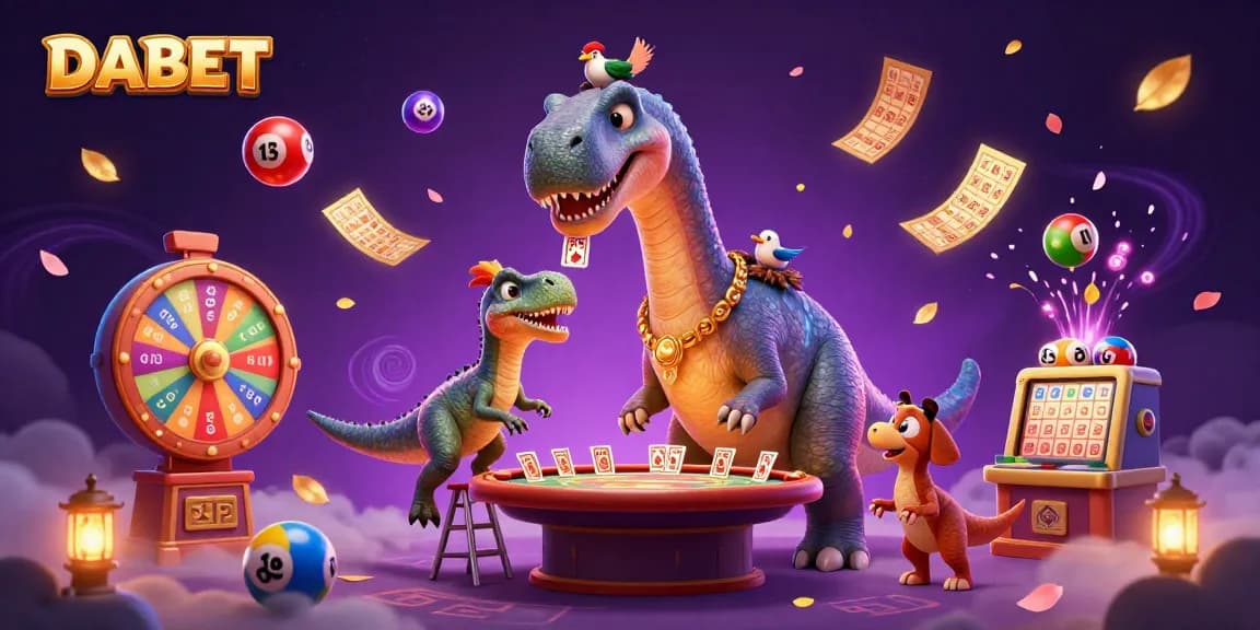 DABET offers thrilling casino experiences as a giant brontosaurus lords over poker action at a vibrant digital casino.