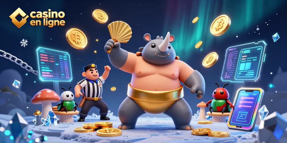 Illustration dynamique "casino en ligne" avec des personnages de rhinocéros et des éléments de jeu de crypto-monnaie.
