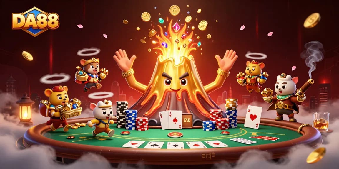 Experience DA88 with treasures overflowing from a jubilant volcano amidst thrilling poker elements.