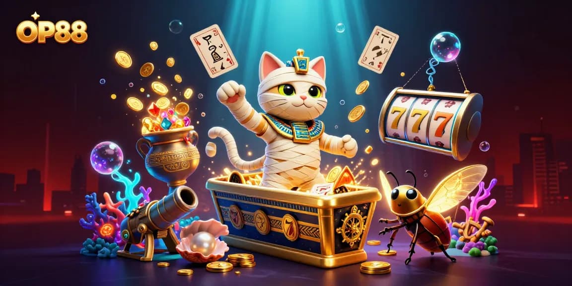Experience the OP88 slots with a dynamic scene featuring an Egyptian mummy cat and golden treasure.