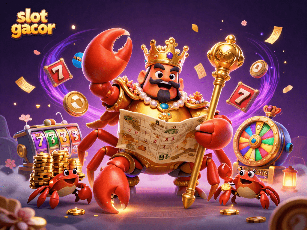 Engage with slot gacor as a golden crab emperor holds treasures amid vibrant casino elements.