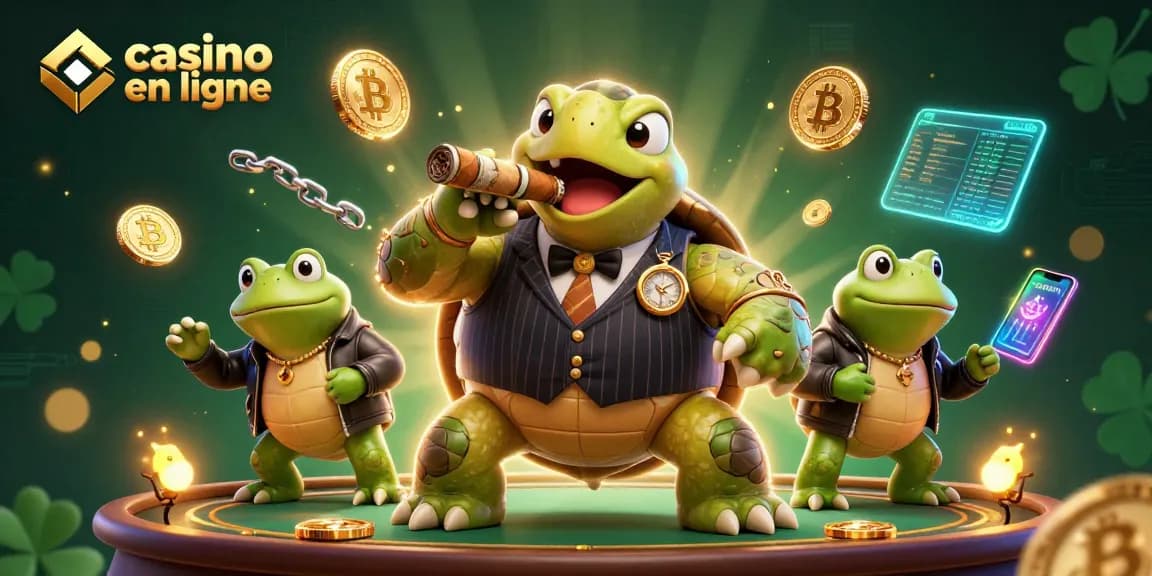 Découvrez une scène animée de casino en ligne avec une tortue massive et des grenouilles, éclairée par des lucioles.