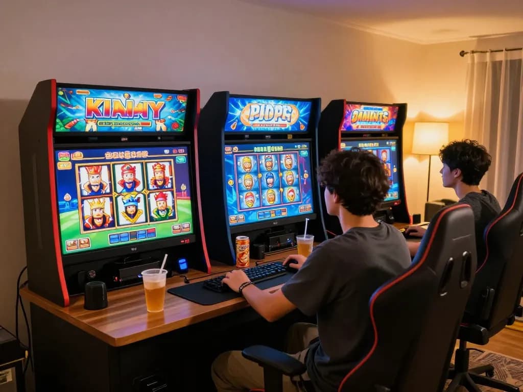 Engaging gameplay on king slot games in a cozy home setup with screens displaying vibrant graphics.