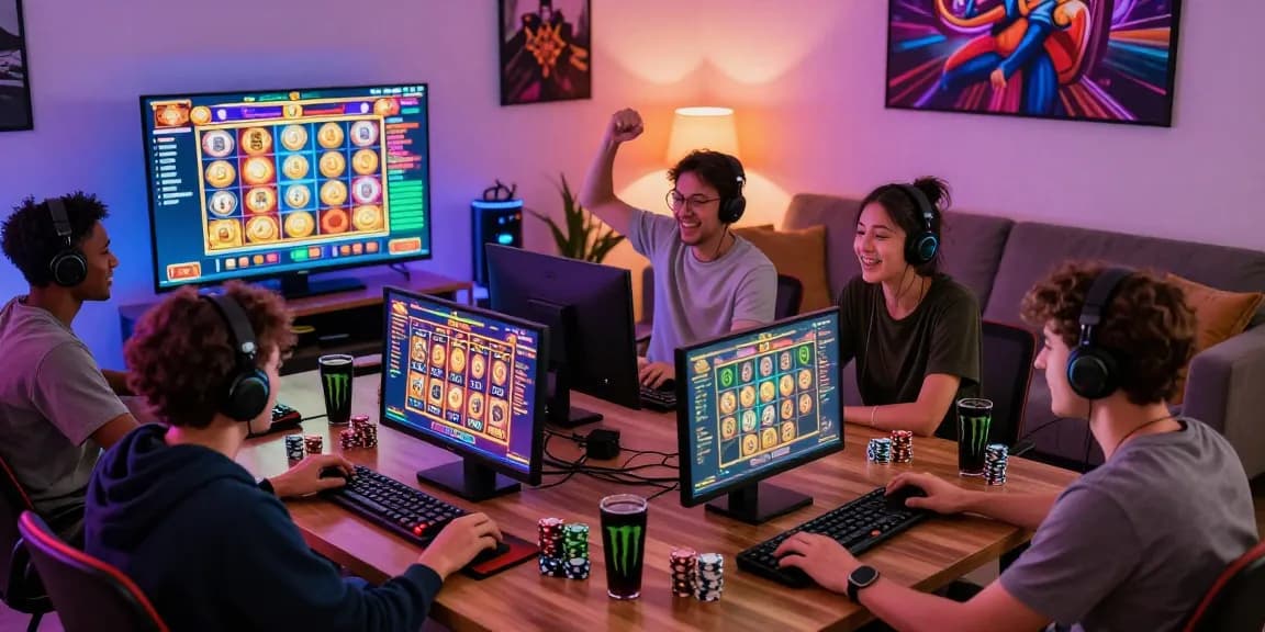situs depo 5k interactive gaming scene with friends cheering over online slots in cozy living room