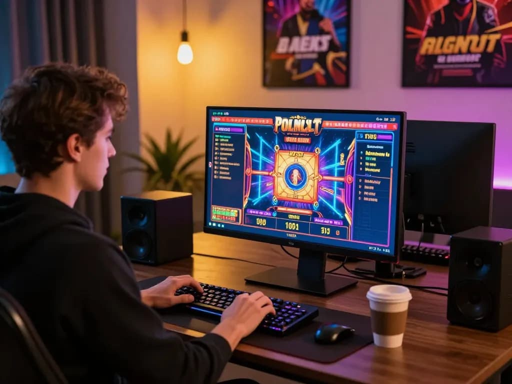Engaging in online slot gameplay at a modern desk setup with vibrant visuals.