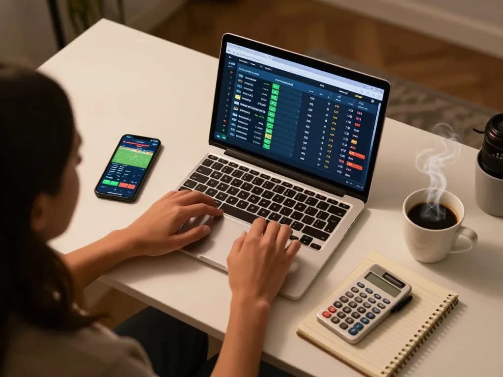 Engaging sports betting setup in the best widget store, person strategizing bets with laptop and smartphone.