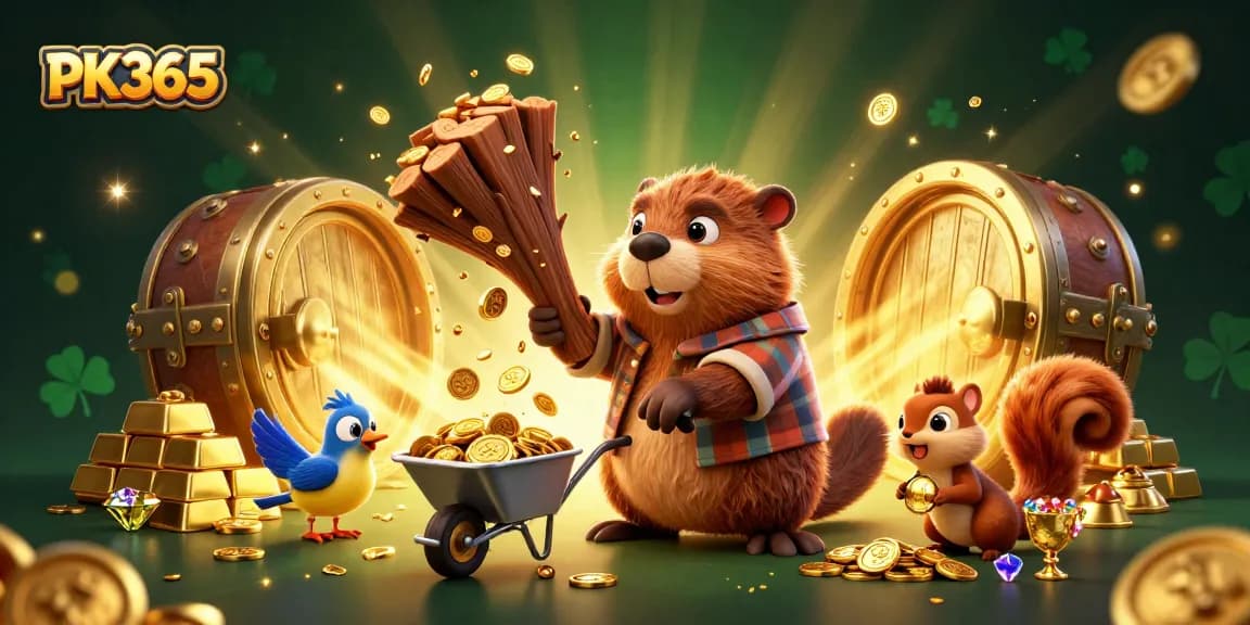 Experience the thrill of winning with PK365, as characters collect golden coins amid a vibrant casino scene.