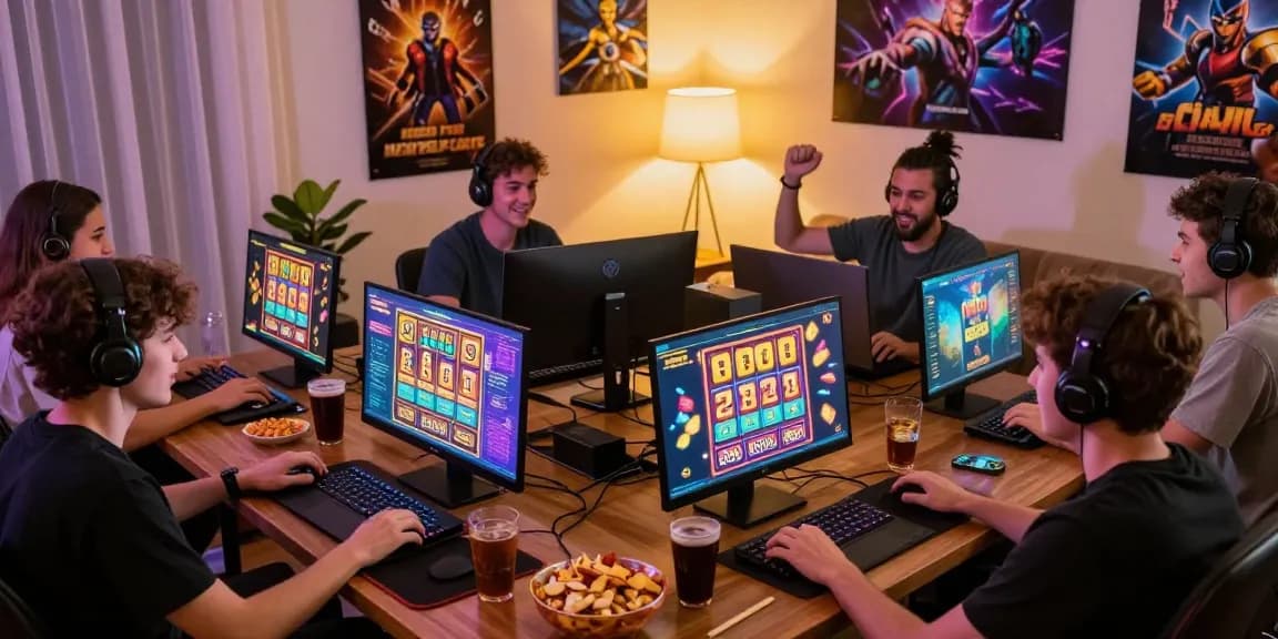 Excited gamers enjoying slot deposit 5000 jackpots in a cozy living room.