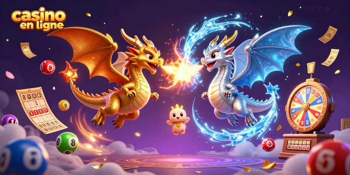 Des dragons en 3D entrelacés illustrant des éléments de casino en ligne dynamiques.