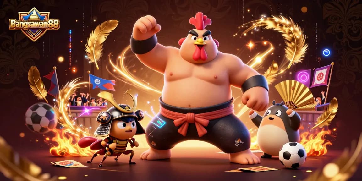 Bangsawan88 sports betting scene showcasing a powerful sumo wrestler rooster, fierce cricket, and tanuki announcer amidst dynamic betting elements.