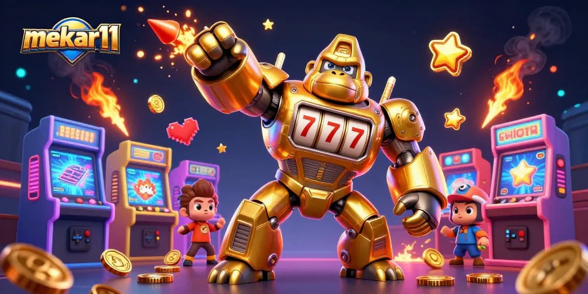 Experience the thrill at mekar11 with 3D golden gorilla mech and dynamic slot machine elements.