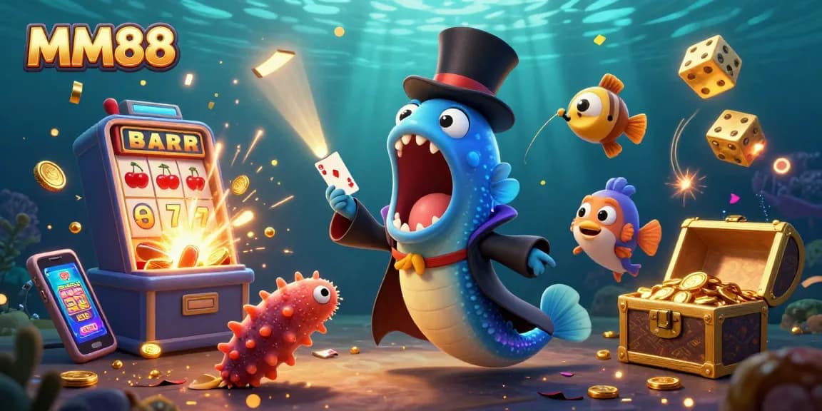 Experience thrilling magic tricks in MM88's vibrant 3D casino scene filled with excitement.