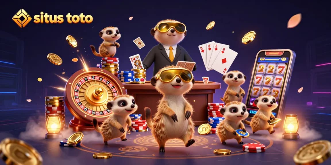 Meerkats engaged in a lively casino operation, highlighting situs toto with vibrant gaming elements.