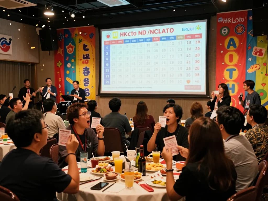 Excited crowd celebrating HK Lotto live draw results in a festive atmosphere.
