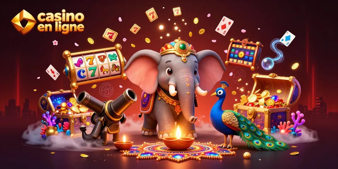 Découvrez des jeux passionnants sur le casino en ligne avec des éléphants en Diwali, des rouleaux de machines à sous et des éléments colorés.
