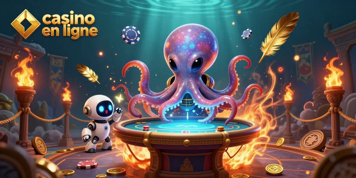 Une illustration dynamique de casino en ligne avec une pieuvre extraterrestre et un robot, jouant avec des jetons.