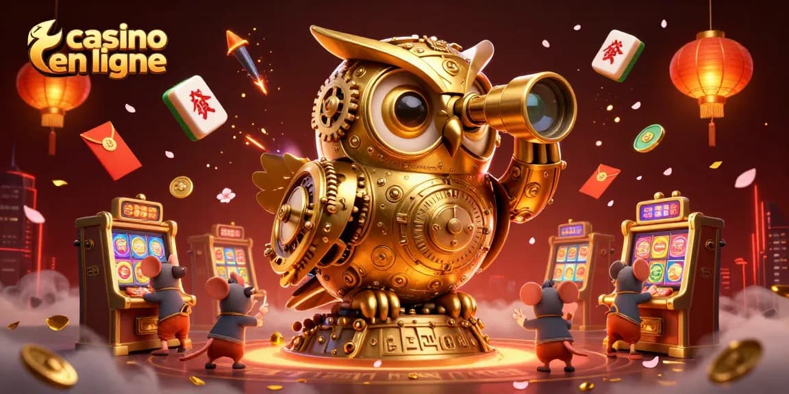 Jouer dans un casino en ligne avec une illustration colorée d'une chouette dorée et des souris entre les machines à sous.