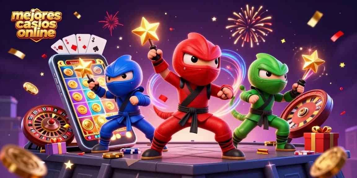 Mejores casinos online: Tres camaleones ninja mostrando habilidades en un fondo de juego