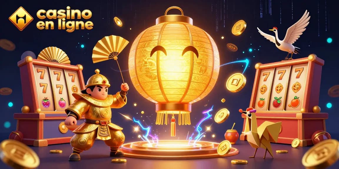 Casino en ligne : expérience immersive avec des symboles chinois et des éléments de machine à sous.