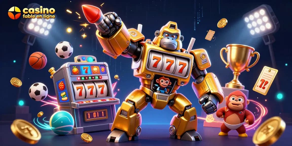 Visuel dynamique du casino fiable en ligne avec un gorille doré robot et des éléments de jeu variés.