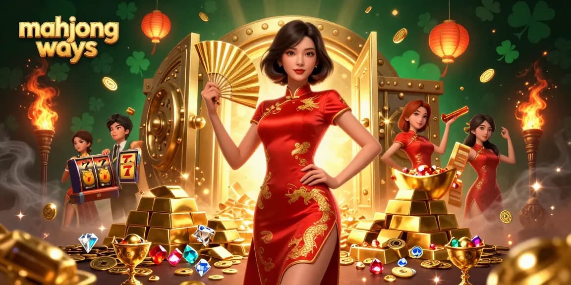 Play mahjong ways with excitement in this colorful casino-themed digital illustration featuring vibrant characters and golden treasures.
