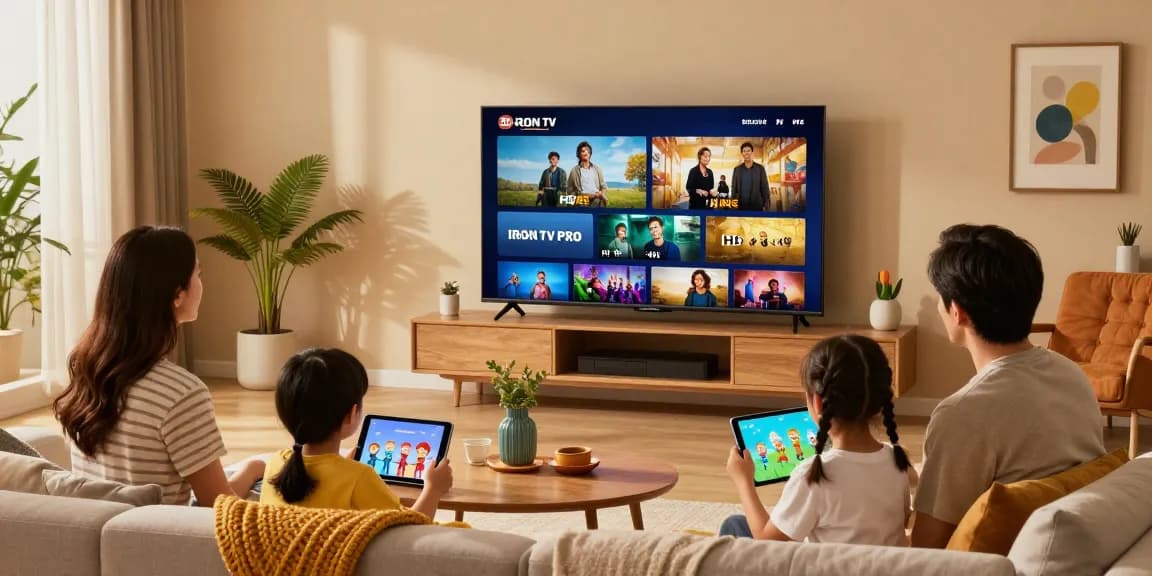 Family enjoying IRON TV PRO streaming on Smart TV in HD & 4K