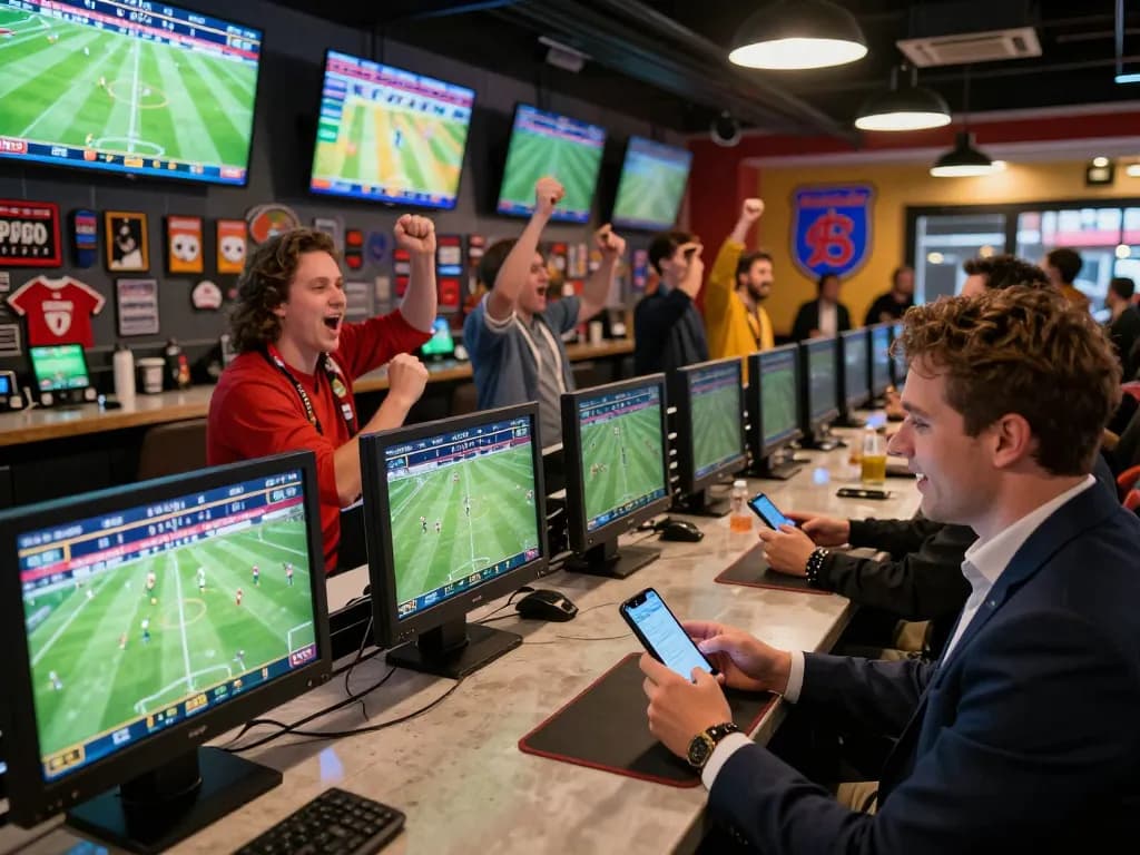 Socolive sports fans eagerly placing bets on live football matches in a lively sports bar.