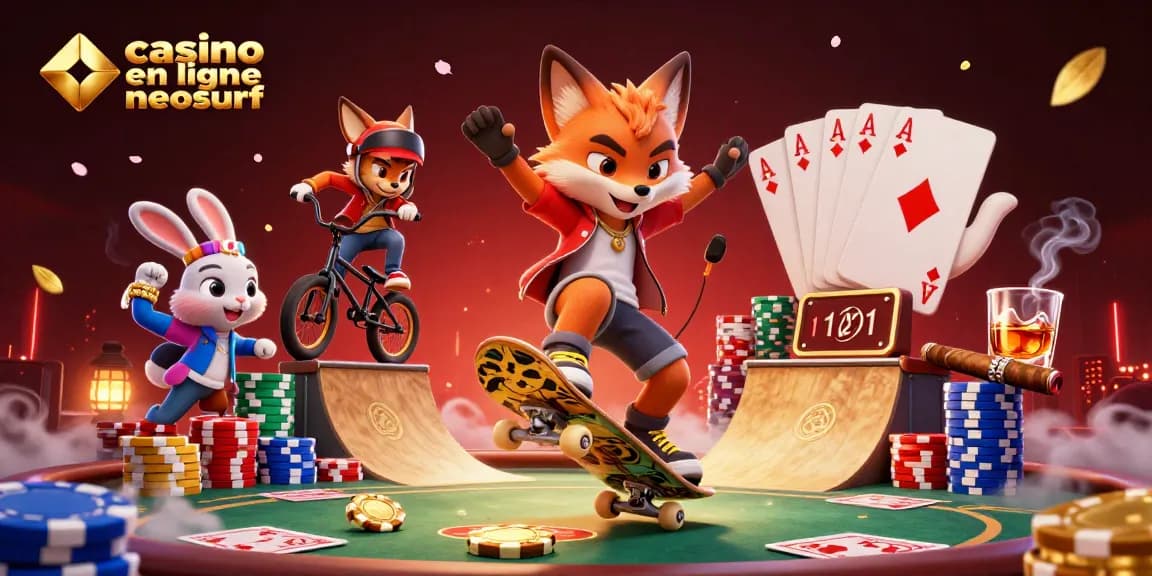 Jouez sur un casino en ligne neosurf avec un renard en skateboard et un lapin BMX dans une scène dynamique de jeux