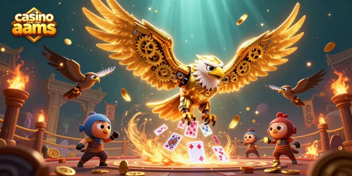Giocando nei casino non AAMS mentre un'aquila meccanica si tuffa tra le carte da gioco scintillanti.