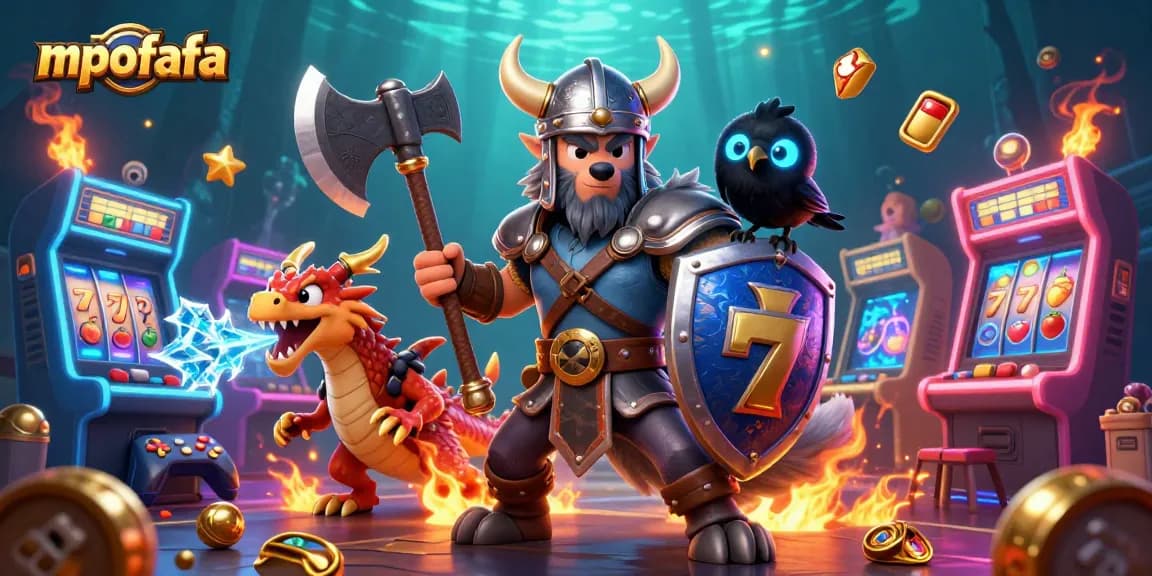 Engage with the mpofafa platform through dynamic gameplay featuring slot machines, a Viking wolf warrior, and a fierce dragon.