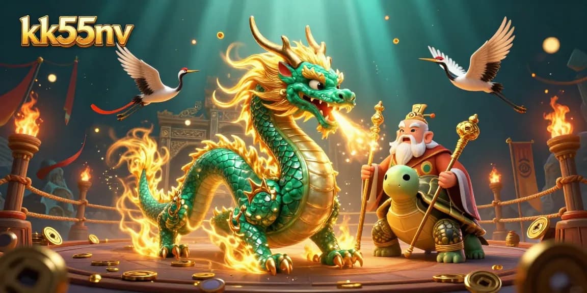 Experience thrilling gameplay with kk55nv, featuring a jade dragon and lucky symbols in a vibrant casino scene.