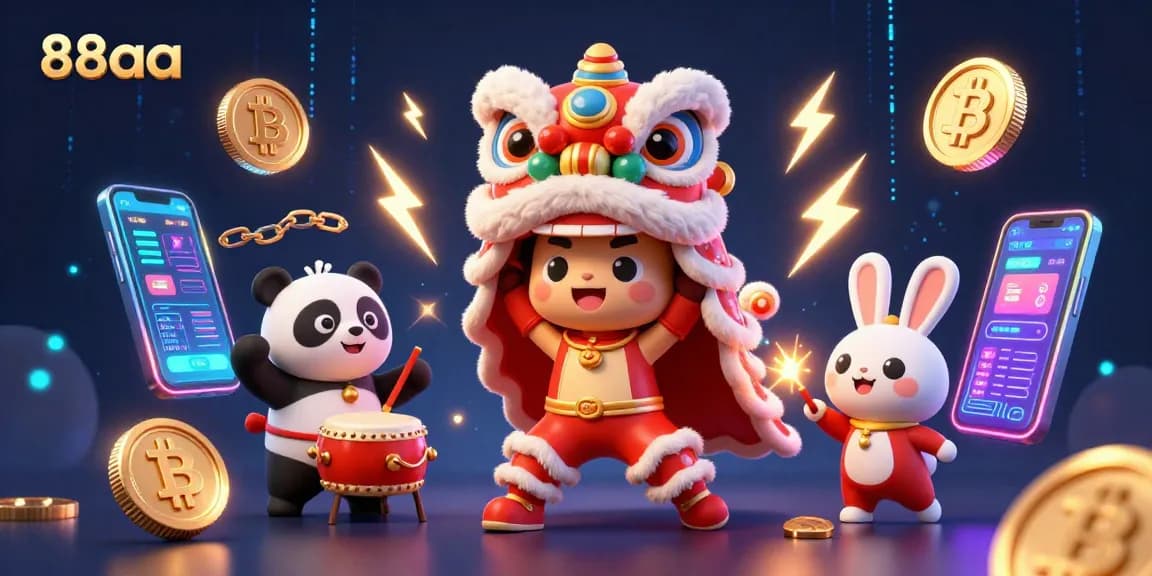 Experience the magic of 88aa with vibrant characters and blockchain elements in this casino illustration.