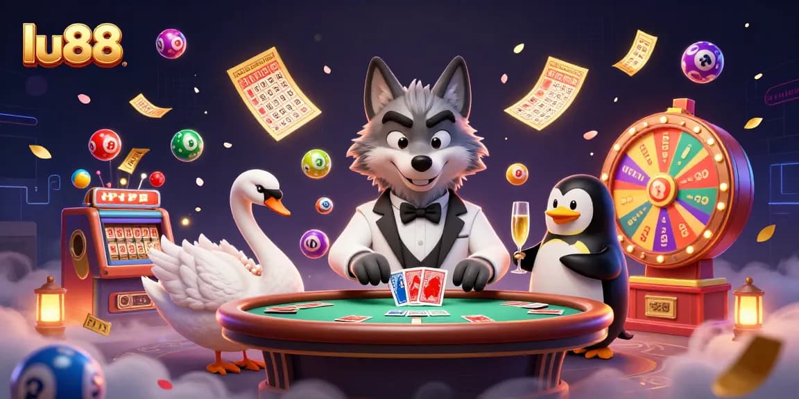 Engage with lu88 for thrilling casino action featuring a debonair wolf, elegant swan, and sophisticated penguin in a festive atmosphere.