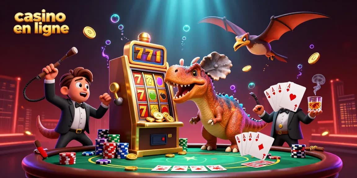 Scène dynamique de casino en ligne avec pachycephalosaurus, machine à sous et pièces dorées