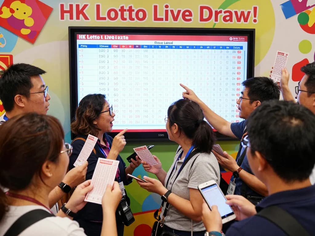 Players eagerly watching HK Lotto live draw results with lottery tickets.