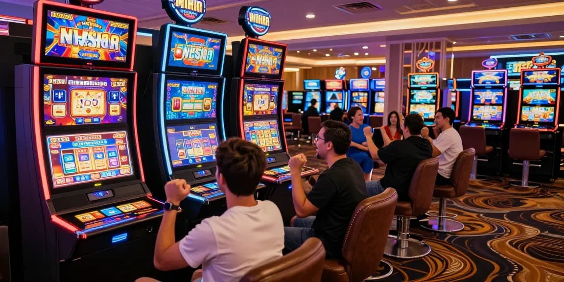 Exciting slot games environment with players celebrating wins in a vibrant casino setting