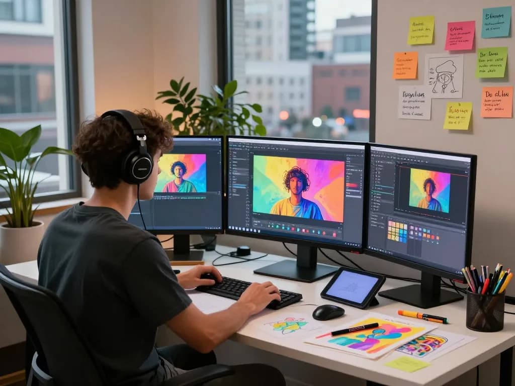 A digital artist using an image to prompt tool in a vibrant workspace filled with art supplies and multiple screens.