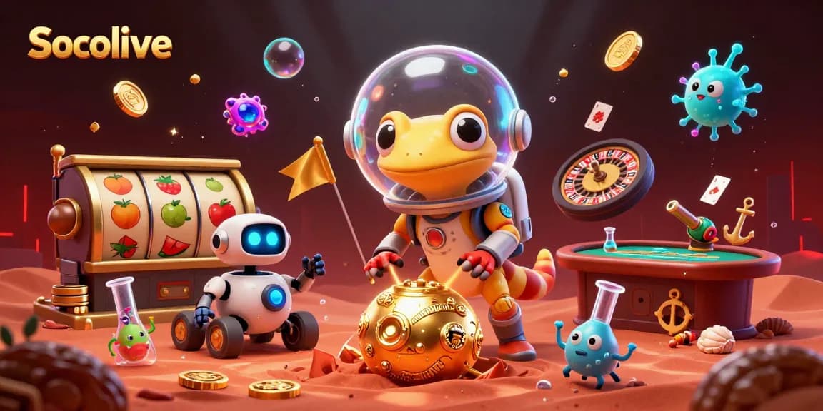 Socolive showcases a vibrant cartoon scene with a Martian gecko in a casino bursting with excitement and gold.