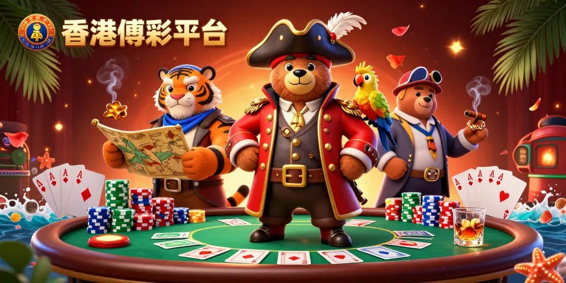 在香港博彩平台上,身穿红色长外套的3D卡通熊船长与虎副手和金羽鹦鹉一起,围绕着炫目的游戏元素。