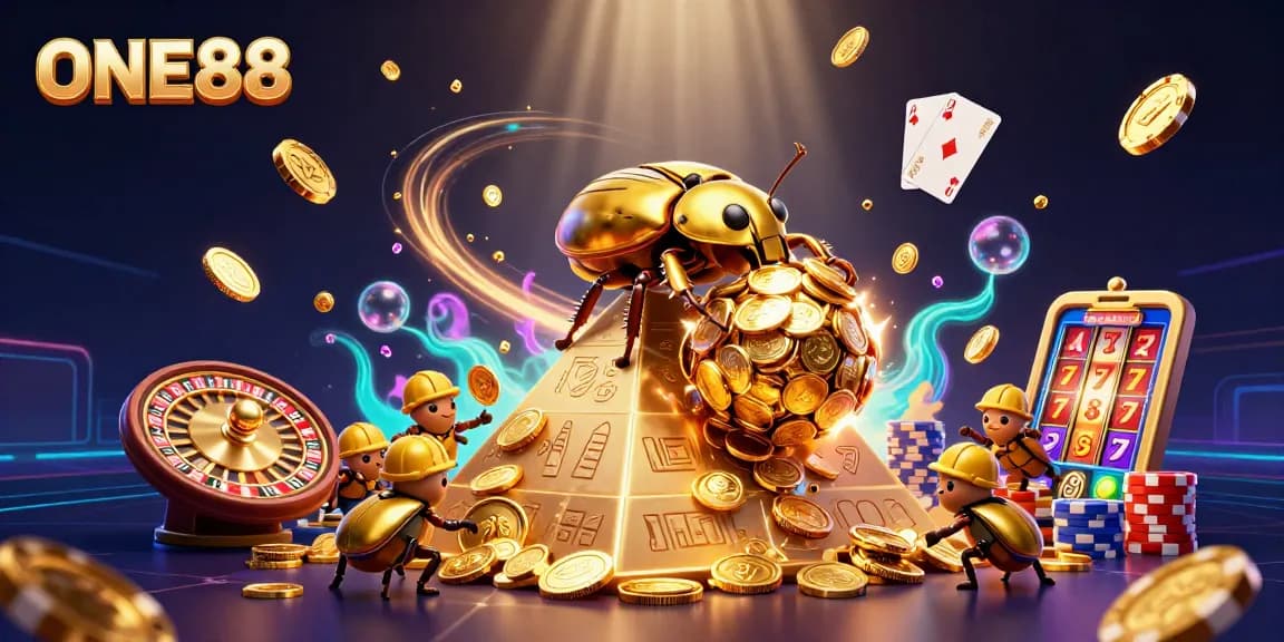 Engage with ONE88's thrilling 3D casino experience, where golden coins and vibrant symbols come alive.