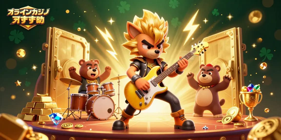 オンラインカジノ おすすめで魅力的なゲームを楽しむロックスターウルフのイラスト
