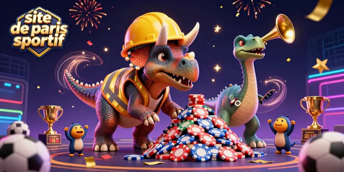Pariez sur le site de paris sportif avec une illustration dynamique de dinosaures célébrant la victoire.