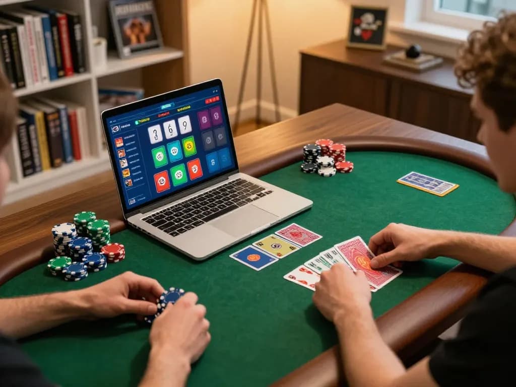 Sesi strategi poker online Aneka4D yang menarik dengan pemain yang mengatur chip dan kartu komunitas di laptop.