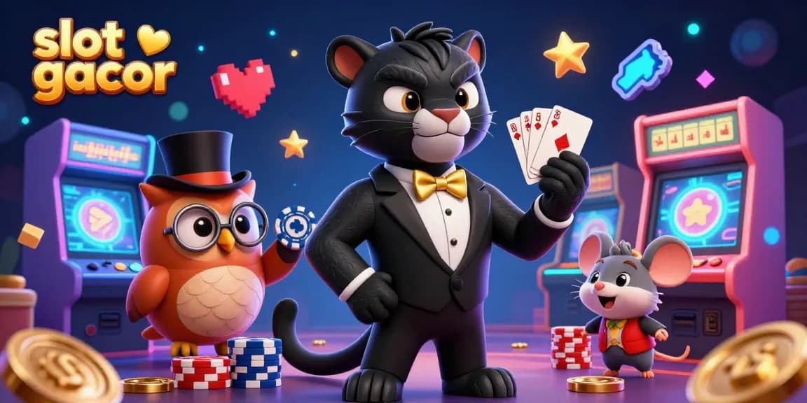 Slot gacor mendebarkan dengan karakter kartun 3D dalam suasana kasino yang cerah.