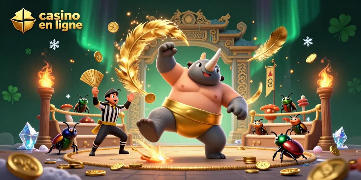 Le rhinocéros scarabée sumo champion s'affronte au jeu de casino en ligne dans une illustration colorée.