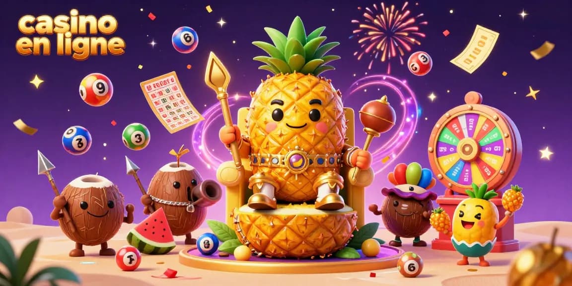Illustration colorée du roi ananas et de la loterie dans un casino en ligne animé.