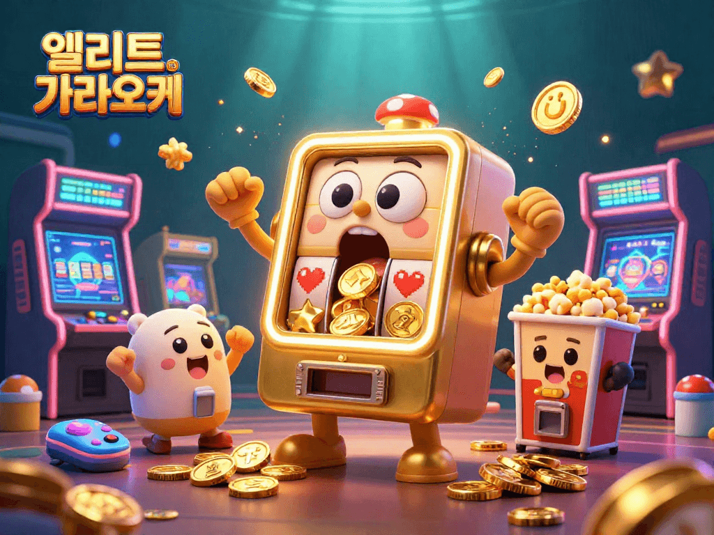 엘리트 가라오케의 골드 슬롯 머신이 잭팟을 터뜨리며 동전을 쏟고 있는 모습.