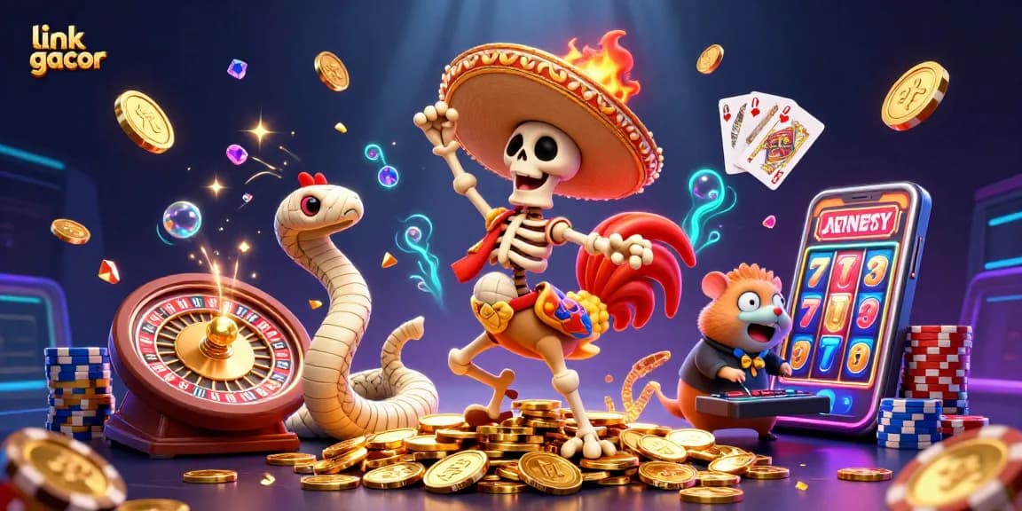 Winning on link gacor as a skeleton mariachi celebrates in a vibrant casino scene.