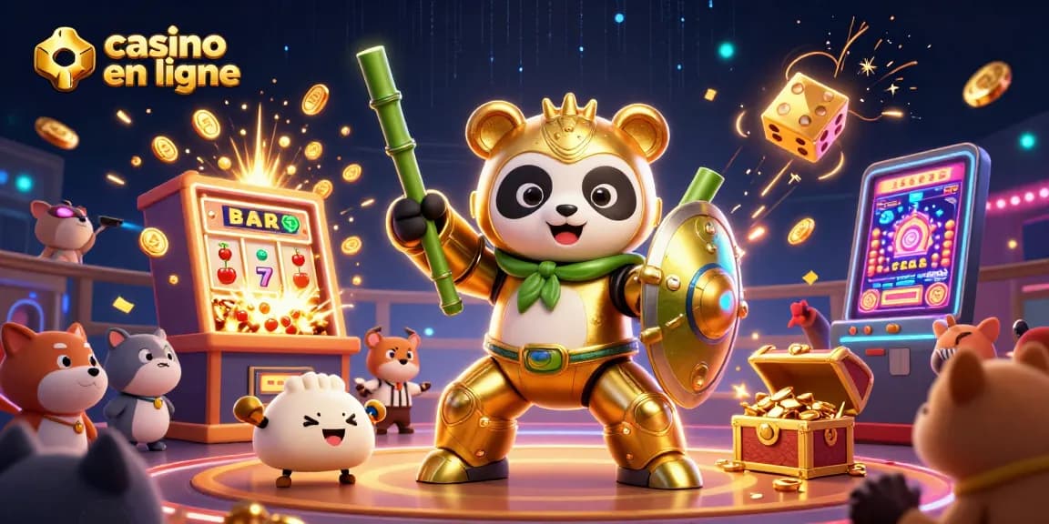 Le panda doré de casino en ligne s'affronte avec un robot dans une scène animée et festive.
