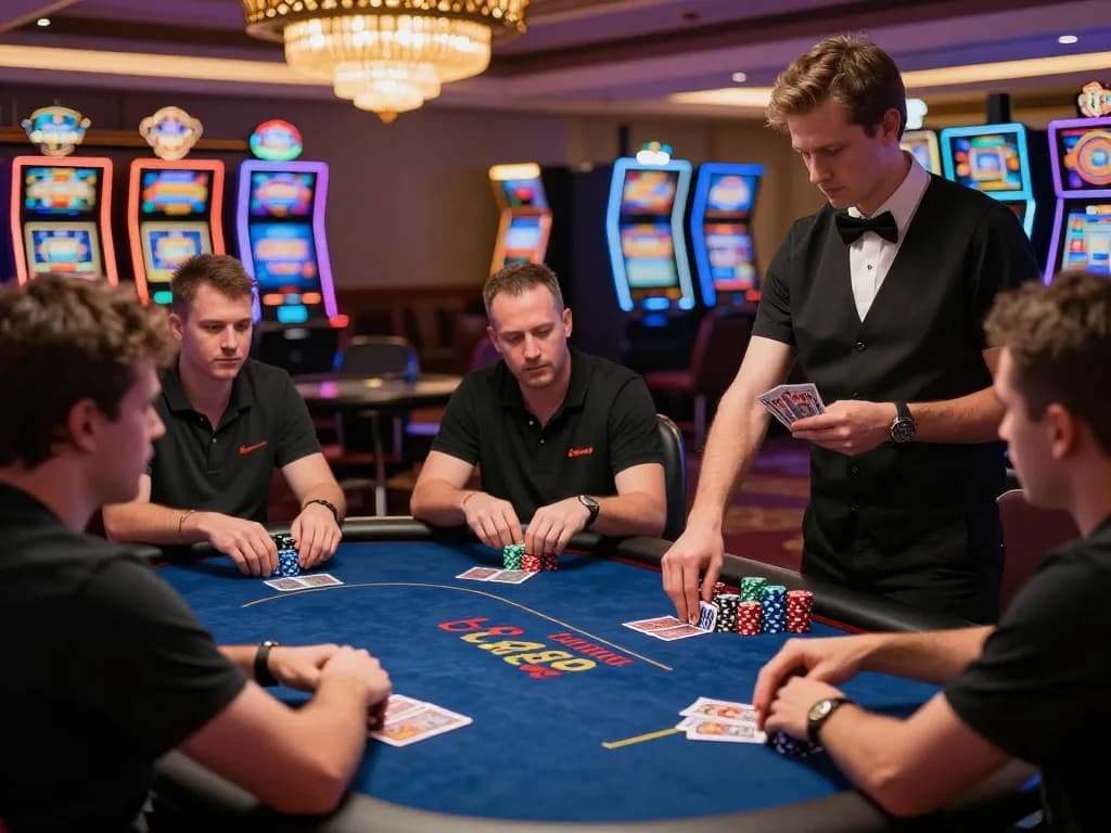 O8 players strategizing in a vibrant casino poker game, showcasing engagement and intensity
